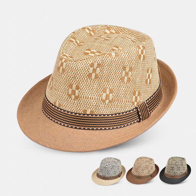 Summer Sunshade Plaid Hat Men's Outdoor Sunscreen Hat Short Brim Top Hat Tide Beach Sun Straw Hat Weaving
