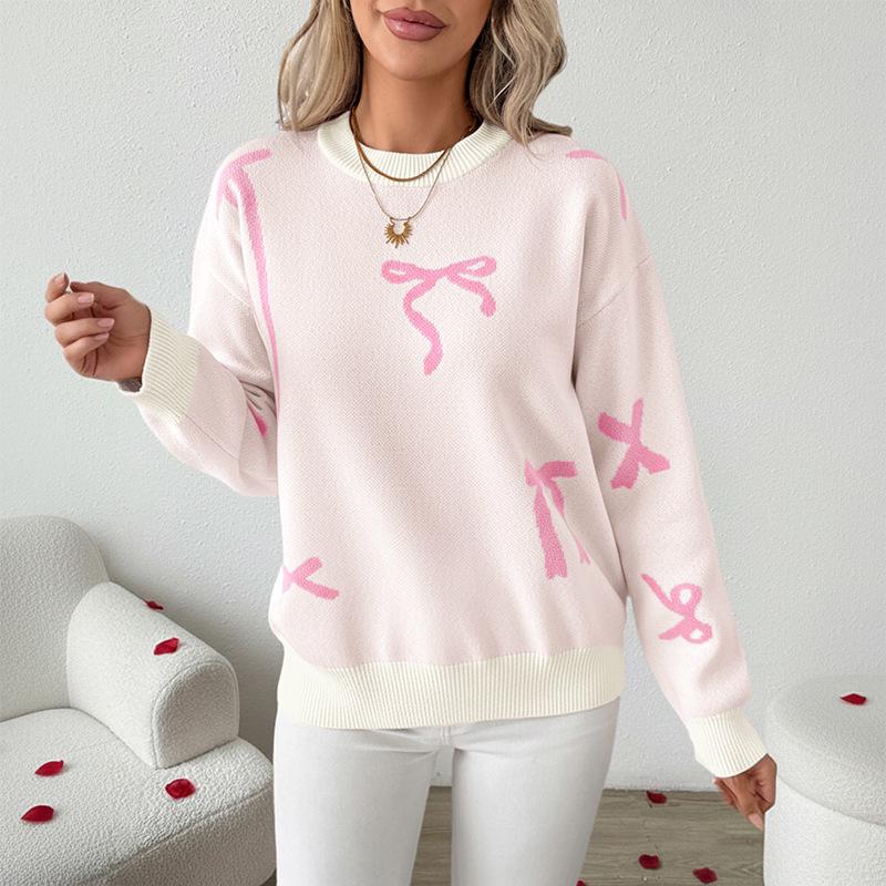 2026 Autumn/Winter Christmas Bow Jacquard Long Sleeve Sweater for Women