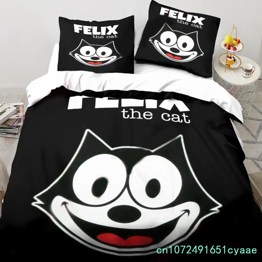Carino Set Biancheria da Letto Cartone Animato Gatto F-Felix, Copripiumino Coperta Set Letto Copripiumino Federa, Dimensioni King Queen Twin Bambini Bambine Adulti