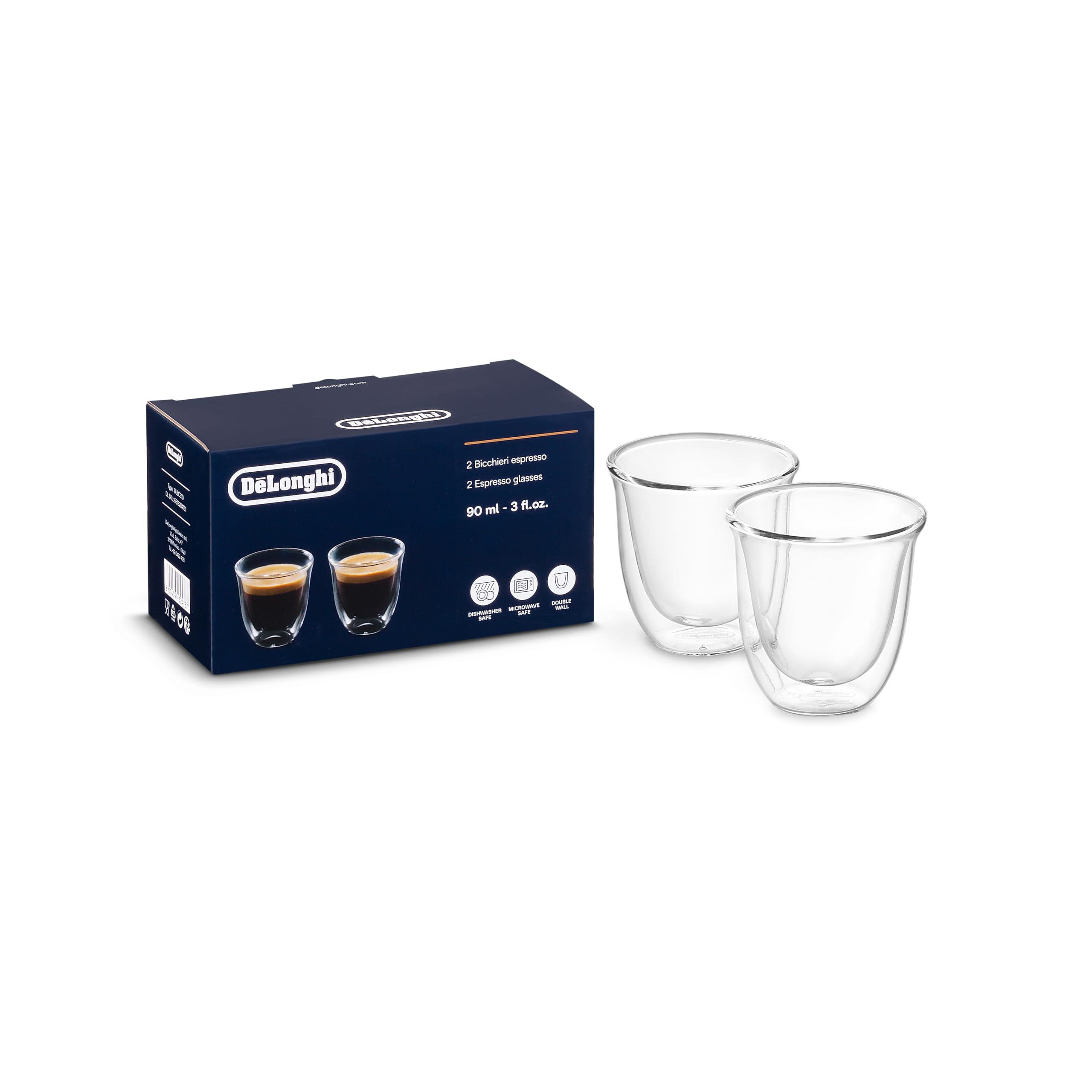 

De Longhi Double Wall Glasses DWG2S-060 - Espresso Cups, 60ml (90ml when full), 2-pack. Double-walled construction for excellent heat and cold retenti