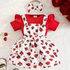 Baby Girls Short Sleeve Bodysuit Dress Suspender Dress Set with Cartoon Print Headband and Bowknot Three Piece Outfit for Infants Toddlers