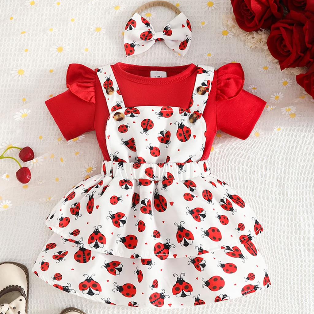 Baby Girls Short Sleeve Bodysuit Dress Suspender Dress Set with Cartoon Print Headband and Bowknot Three Piece Outfit for Infants Toddlers