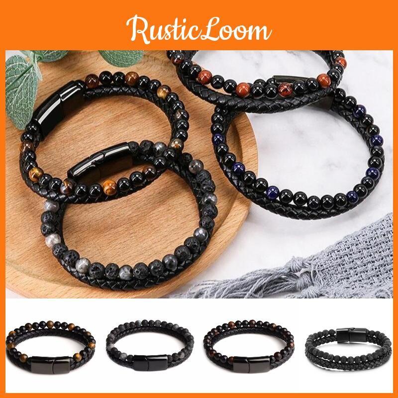 Men Double 21cm Layered Volcanic Stone Beaded Bracelet Alloy Clasp Faux Leather