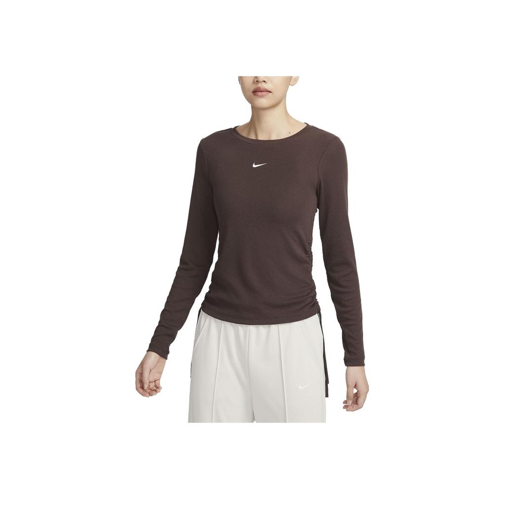 Nike Logo Print Crew Neck Long Sleeve T-Shirt Women Tops Brown FB8718-237