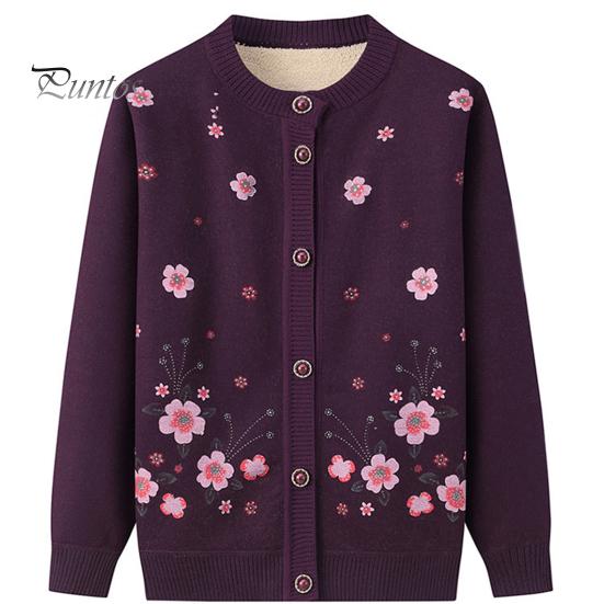 Single-breasted Mother Winter Sweater Coat Flower Print Cardigan Buttons Elastic Keep Women Warm Round Neck Plus Size Grandma Clothing