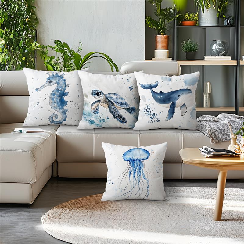 Marine Animals Watercolor Painting Throw Pillow Cover Comfortable Pillow Office Cover Living Room Home Decor Pillowcase