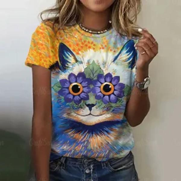 Cute Little Animal Printed Round Neck Short Sleeved T-shirt Soft Comfortable Creative Fun Women's Casual T-shirt