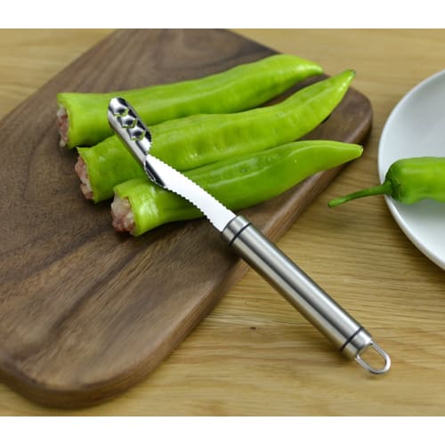 Jalapeno Pepper Corer - Core Decider To Peel or Slice Bell Banana or Chili Tops for Roasting Poppers In the Grill Smoker or Oven - Stainless Steel Kit