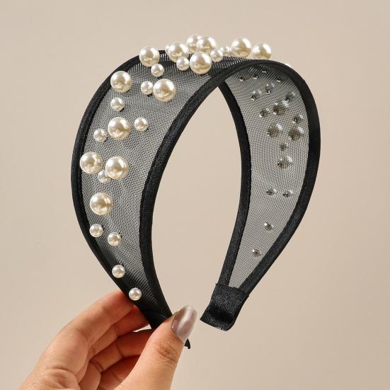 Widened Curved Hair Hoop, Breathable Mesh Base Headband with Imitation Pearls Decor, Anti-Slip Hemming Face Shaping Hair Accessory
