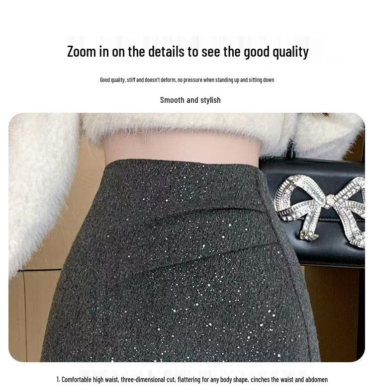 Irregular Sequins High-Waist Black Bodycon Woolen Mini Skirt for Women - Autumn/Winter 2025 Collection