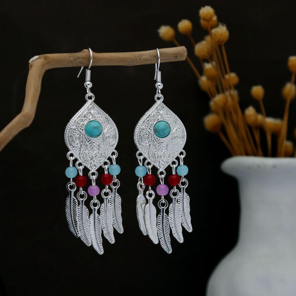 Personalized Bohemian Miao Silver Geometric Tassel Earrings