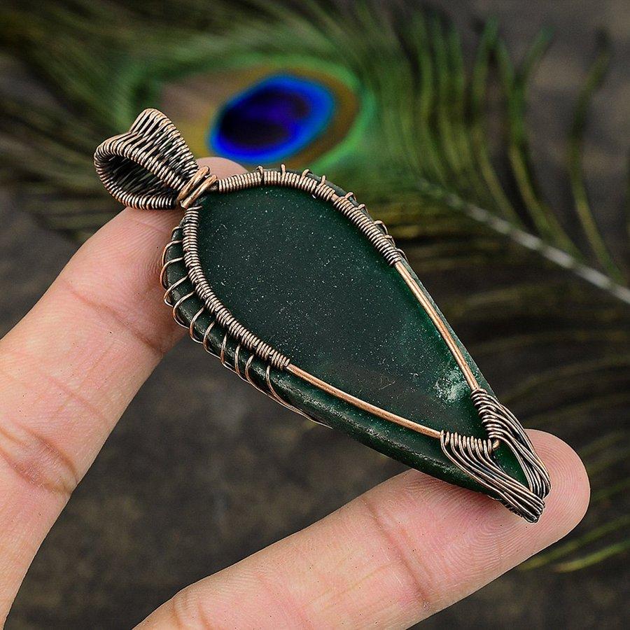 Emerald Natural Gemstone Handmade Copper Wire Wrap Pendant 3.03" W3B71