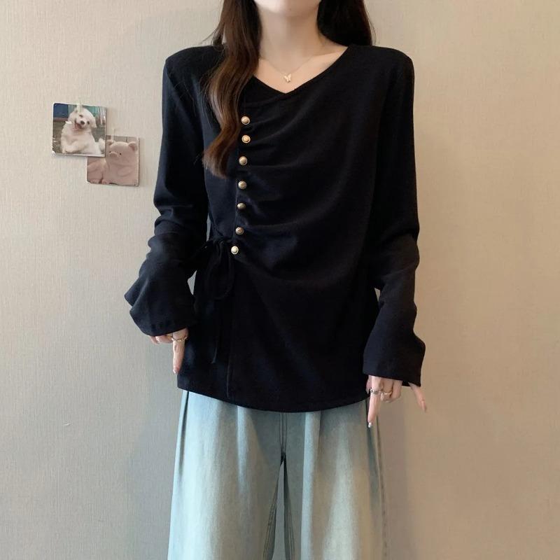 Mode Damen Langarm German Velvet Oberteile für Herbst Neuer Stil Unregelmäßiger Träger V-Ausschnitt Rechte Schulter T-Shirt Trendy