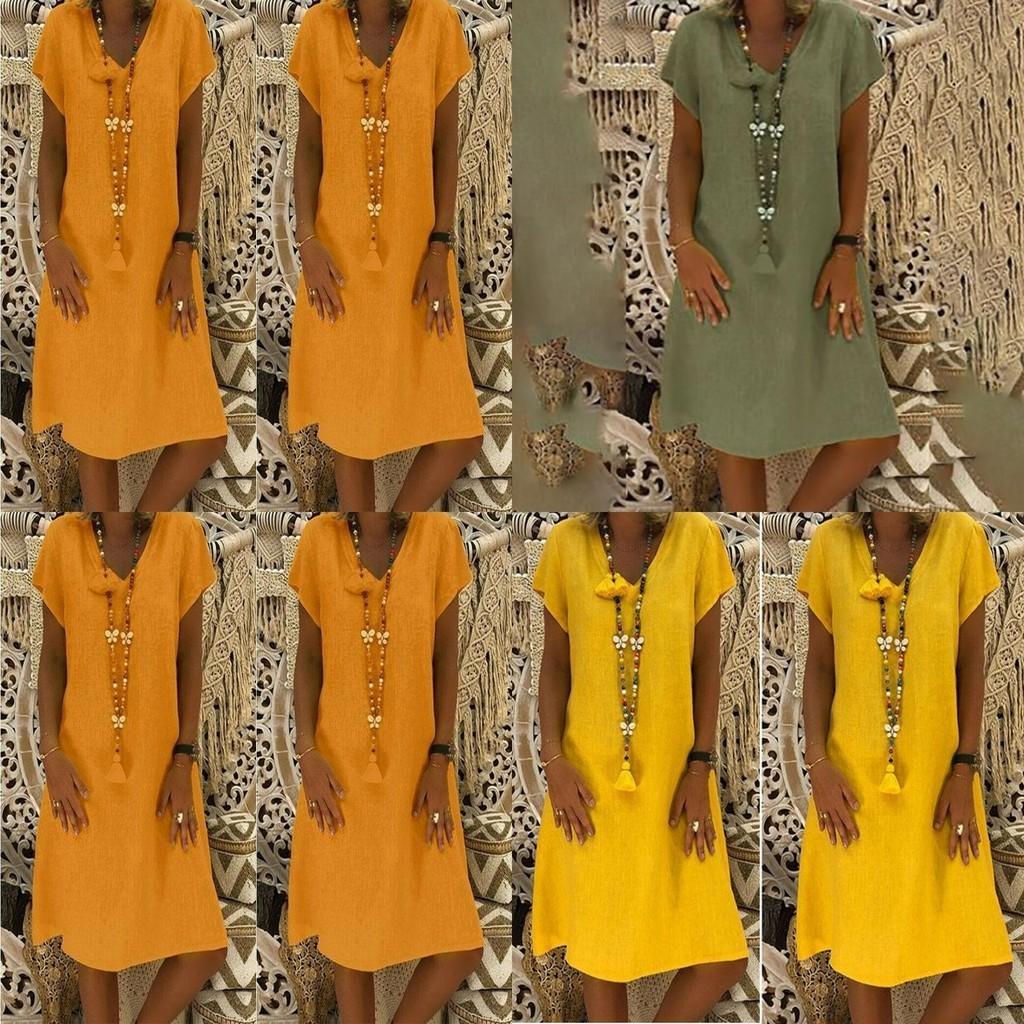 Robe Tunique Midi Élégante d'Été à Manches Courtes et Col en V pour Mode Grande Taille
