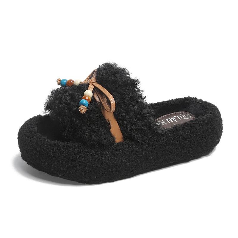 

Thick-soled lamb wool slippers women wear piled warm non-slip Internet celebrity autumn and winter fluffy one-word cotton slippers 40