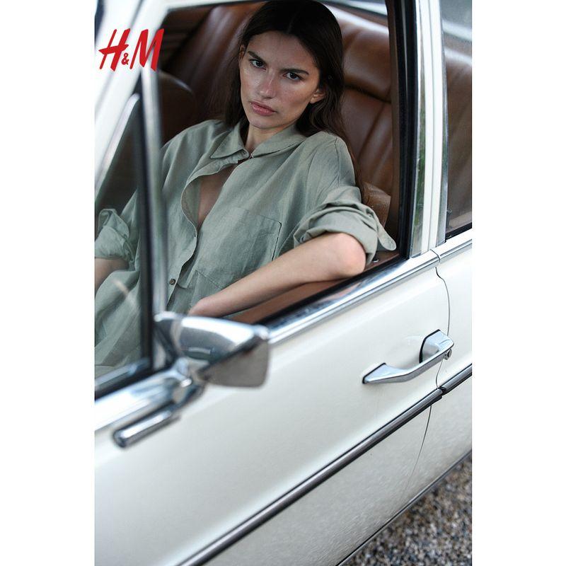 

HM Women clothes Shirts 2025 Summer New Fashion Casual Long sleeve Linen Blend Loose Shirts 1256528 Gray Green 155/80(XS)