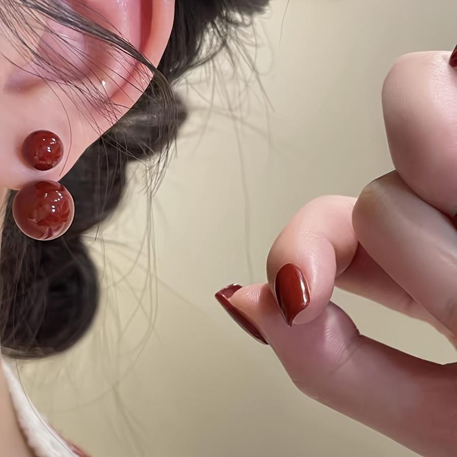 Elegant Red Faux Pearl Earrings for Women - Glossy Spherical Design with Gold Pillars, Casual Accessories, Glossy Finishes, Faux Pearl Earrings