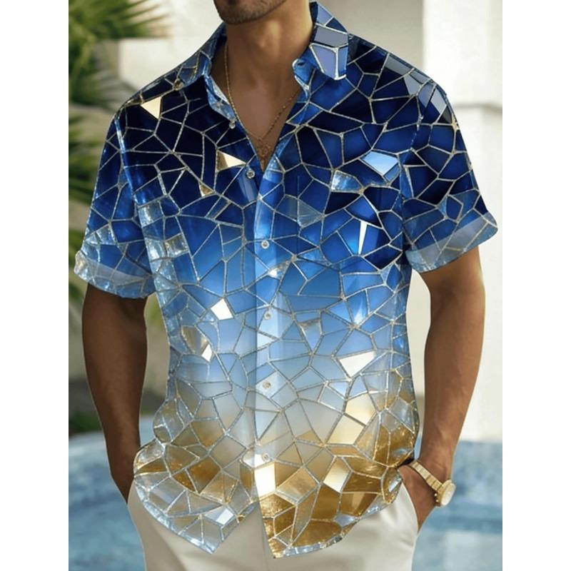 Men s Gradient Crack Print Short Sleeve Shirt, Spring Summer Vintage Washed Blouse, Loose Casual Top S