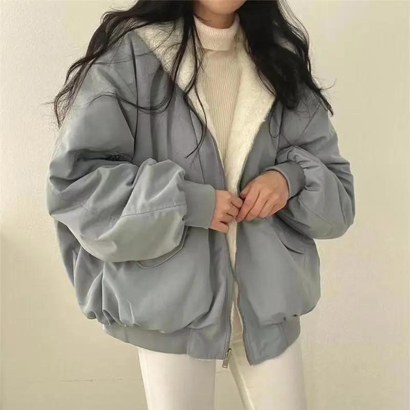 Plus Velvet Thick Women On Both Parkas Fashion Fall Winter Warm Hooded Casual Lamb Clothes Coats Solid All Match Jacket