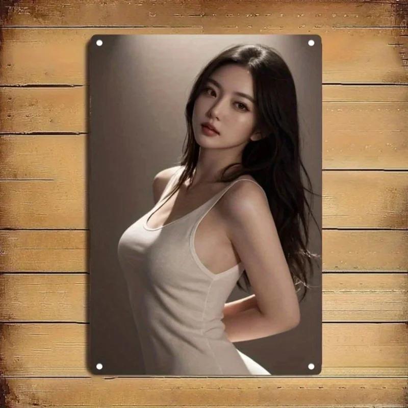 Retro Tin Poster Wall DecorMetal Sign Plate - Elegant Female Portrait Poster with Minimalist Design Durable I