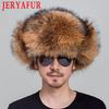 JERYAFUR Genuine Fox Fur Hats For Men Real Raccoon Fur Lei Feng Caps Russian Winter Men Ear Hat