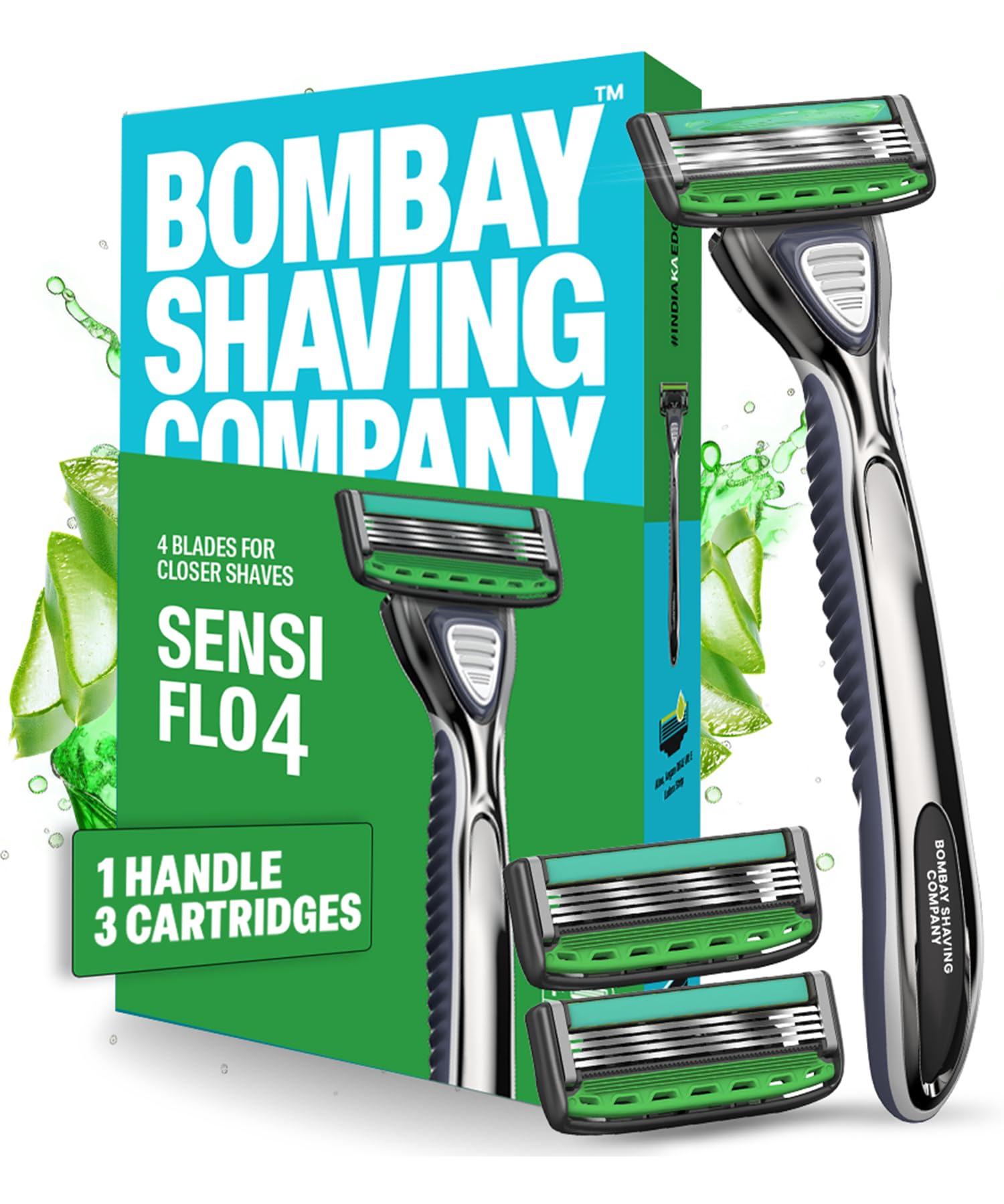 Bombay Shaving Company Sensi Flo 4 Value Pack (Handle + 3 Blade Cartridge) | Up to 4 Months of Shaves | 4 Blade Razor for Men with styling back bla