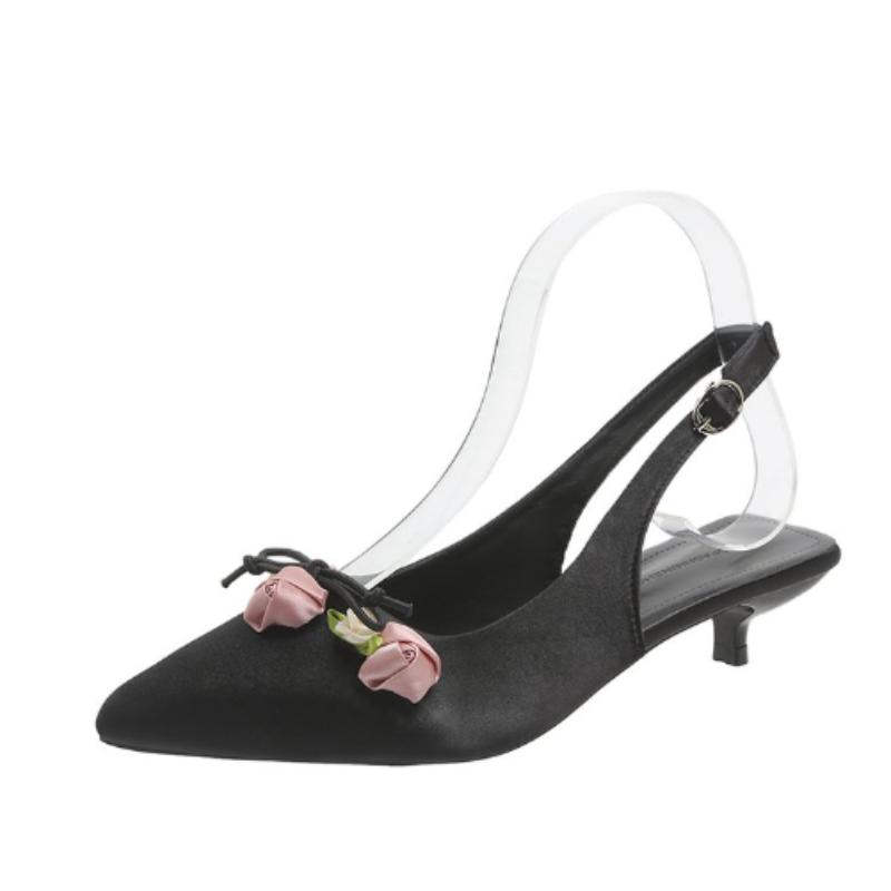 Fashion Satin Pointed Toe Flower Design Flat Sandals Women Summer Back Strap Buckle Square Low Heel Mules Shoe Elegant Women's Flat Shoe