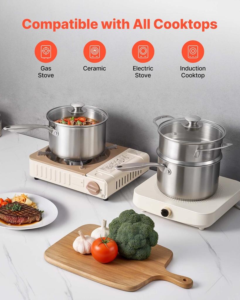 2.5 QT Saucepan with Steamer, Stainless Steel Saucepan with Glass Lid, Multipurpose Nonstick Stainless Steel Sauce Pot with Ergonomic Handle, Friendly
