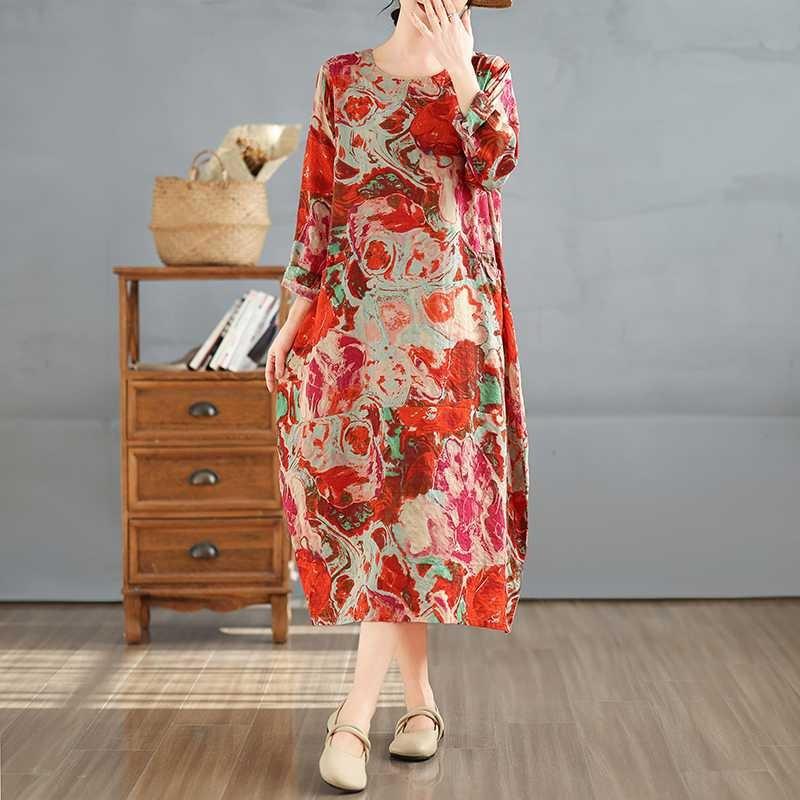 2025 Retro Printed Round Neck Long Sleeve Patchwork Dress Women