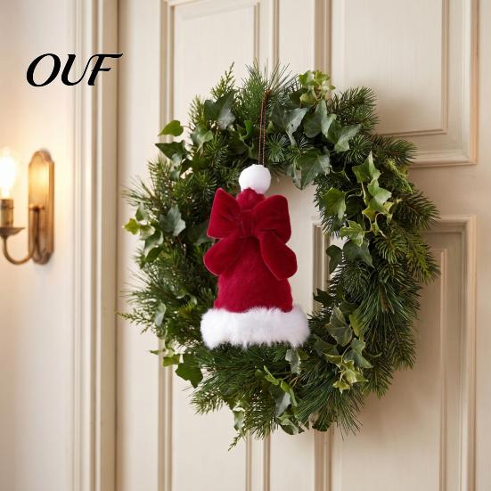 Christmas Tree Branch Pendants Plush Santa Hat Ornament with Bow Decor, Xmas Hanging Pendant Fabric Gift Box Toppers Lanyard for Holiday Decoration,