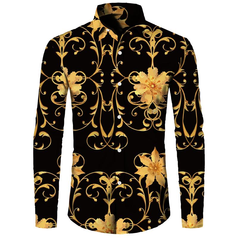 Golden Flower Pattern Print Men's Shirts Casual Single-Breasted Cardigan Long Sleeve Shirt Fashion Trend Tops Men Clothing