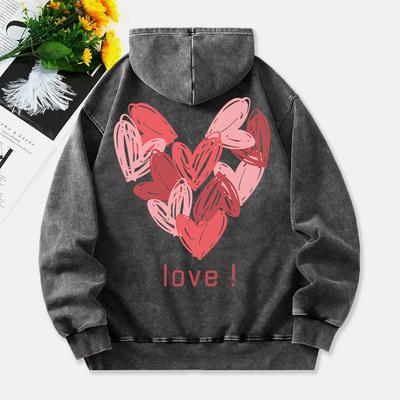 Love Heart Washed Hoodies Damen Rosa Graffiti-Druck Baumwolle Streetwear Übergröße Tasche Warm Damenkleidung