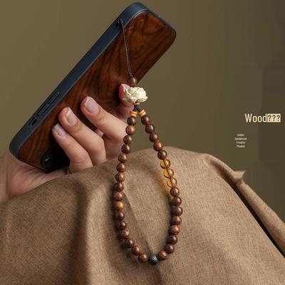 Golden Sandalwood & Yellow Crystal Beaded Phone Wrist Strap – Elegant Lanyard for Women