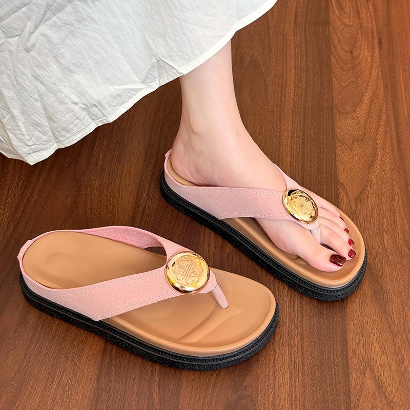 French Retro Metal Buckle Herringbone Toe Cool Slippers Women's 2025 New Shallow Mouth Inner Height Increase Casual Single Shoes Sandals