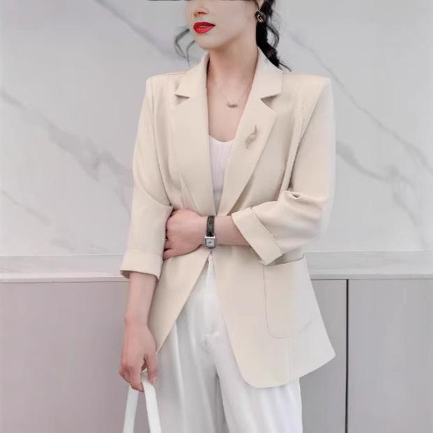 

Женский розовый повседневный блейзер 2025 - Летний тонкий, Высококачественный, Маленький размер, Рукав семь восьмых XL грязно-белый