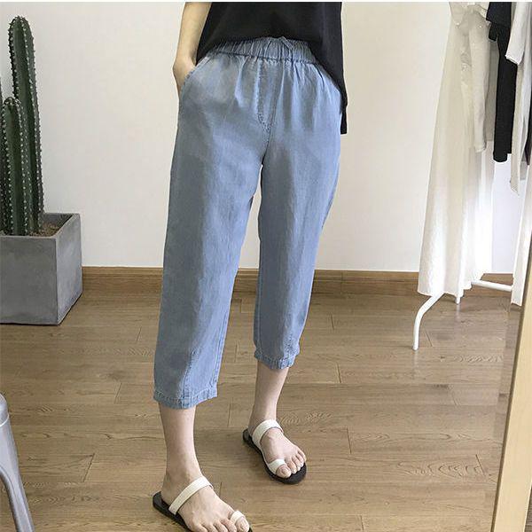 

Women s Slimming Tencel Denim Cropped Pants - Summer Elastic Waist Loose Straight Leg Harem Style Small 80-95 lbs світло-синій колір