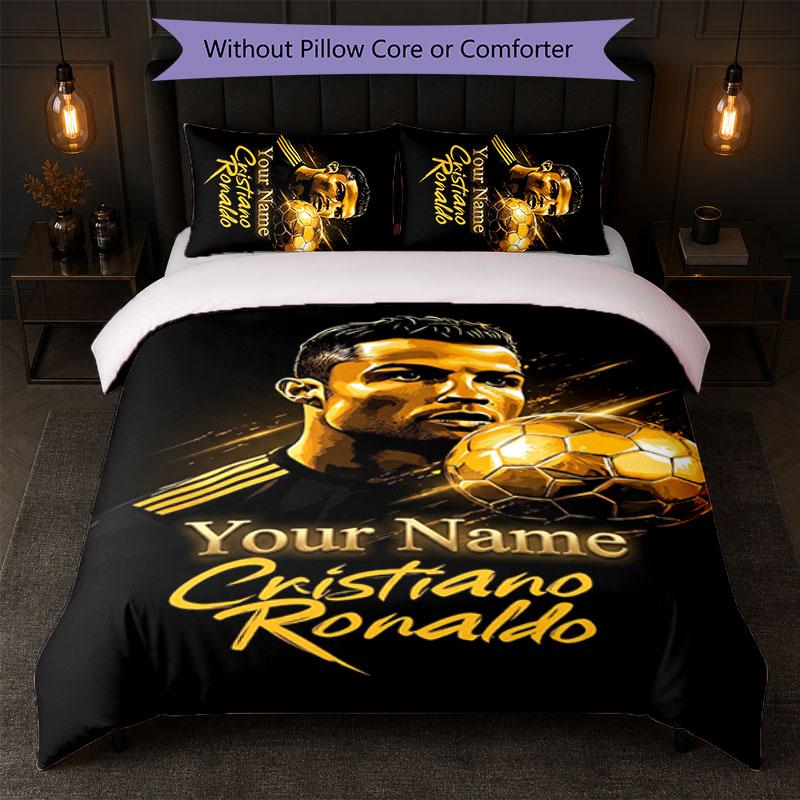 Set Biancheria da Letto Personalizzato Cristiano Ronaldo con Nome Testo 1 Copripiumino+2 Federe Logo Calcio Regalo Personalizzato per Occasione Speciale Arredamento Camera da Letto