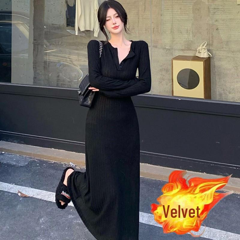 Women's Retro Knitted A-Line Dress: Versatile, Slimming Long-Sleeve for Spring, Autumn, and Winter