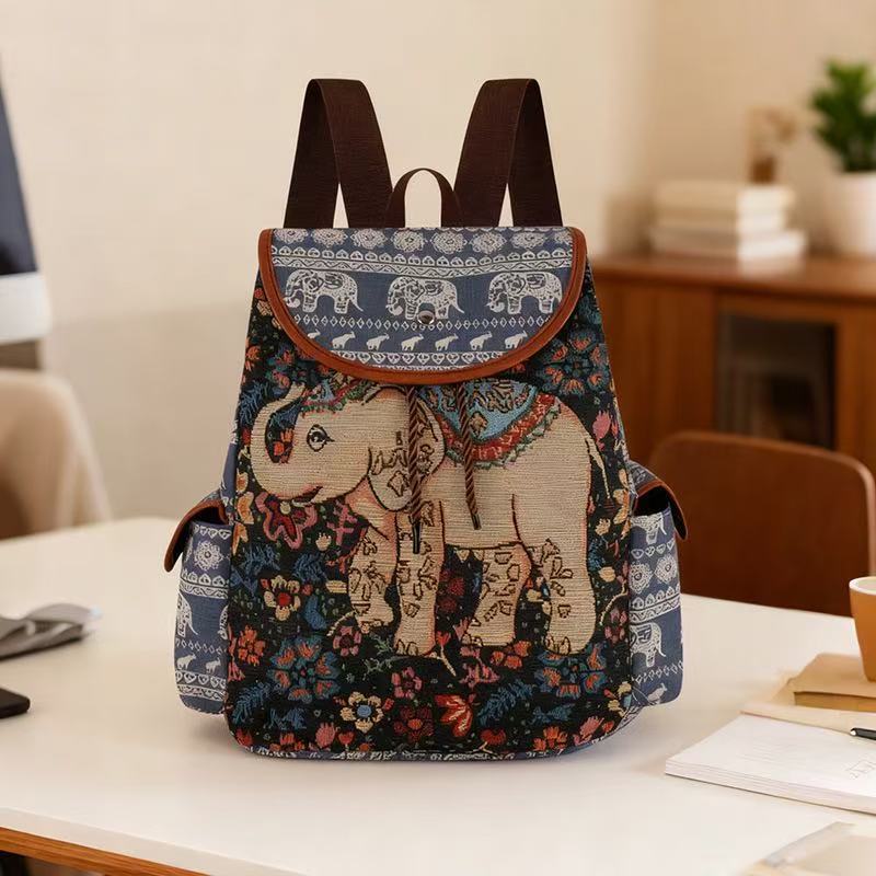 2026 New Female Ethnic Style Backpack Casual Plaid Drawstring Retro Women Large Capacity School Bag Drawstring Bucket Bag