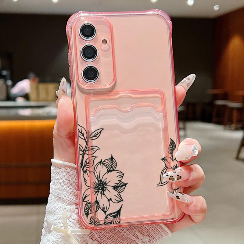 

Прозрачный слот для карт с цветочным узором лилии мягкий силиконовый чехол для Samsung S25 S24 S22 Ultra S23 S21 S20 Fe A55 A54 A53 A52 A35 A34 A15 ударопрочный тонкий чехол Samsung S25 Ultra розовый