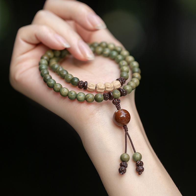 Green Sandalwood Double Circle Bracelet: Wenwan Buddhist Beads for Wealth and Fortune, Unisex