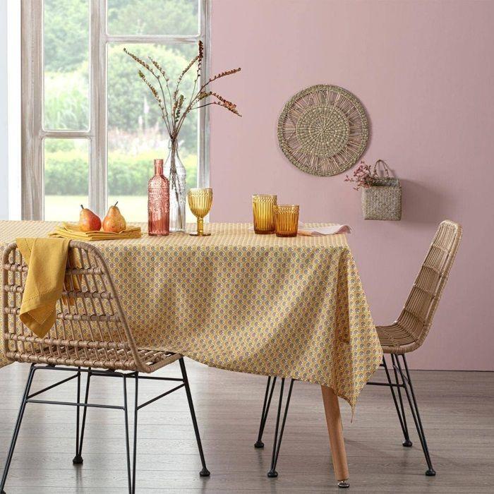 Nappe rectangulaire imprimée motif éventail jaune et violet 140 x 240 cm
