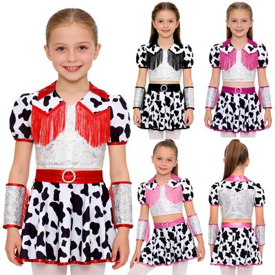 Cowgirl Kostüm Set für Mädchen: Glänzendes Pailletten-Fransen-Crop-Top, Strass-Schnallen-Shorts-Rock & Quasten-Armbündel für die Party