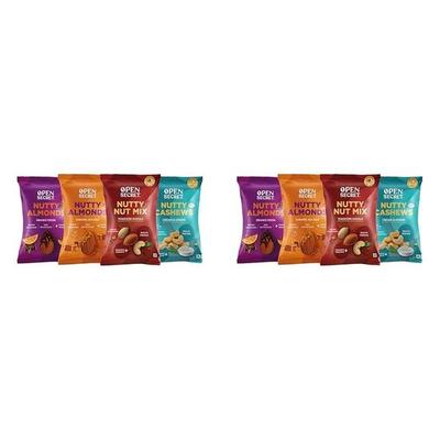Open Secret Mini Nuts| Pack of 8 (23g each)|Snacks Gift Hamper |Caramel Sea Salt & Orange Cocoa Almonds, Cream & Onion Cashew|Roasted Diet Dry Fruits
