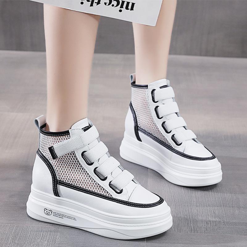Fashion High top white shoes for women 2025 new women's shoes versatile breathable mesh shoes thick soled casual sports shoes