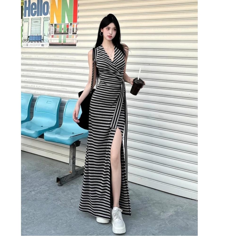 Summer fashion style design sense V-neck sleeveless thin waist strap slim split fork straight dress women