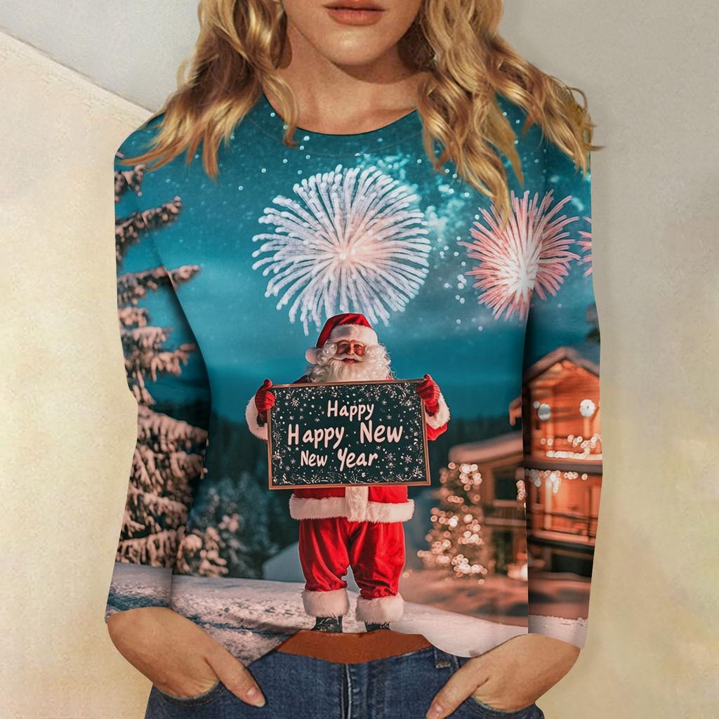 Women's Casual Fashion Sexy Comfortable Christmas Printed Round Neck Long Sleeve Top