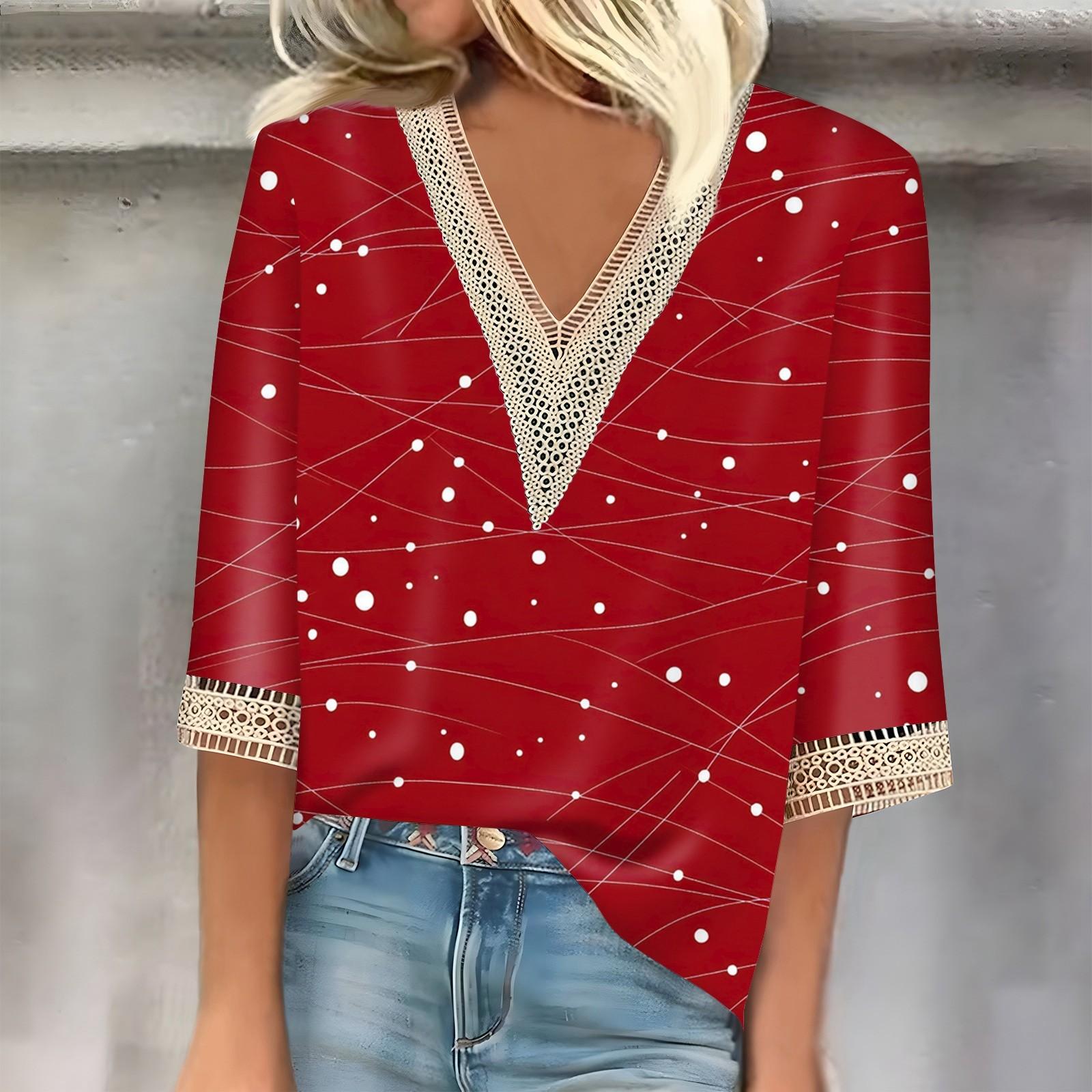 

Женский кружевной топ с рукавом семь четвертей и принтом в горошек XL красный