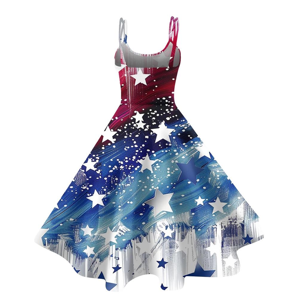 Sleeveless Dress with Star Pattern and Adjustable Spaghetti Straps for Women Summer Casual Wear