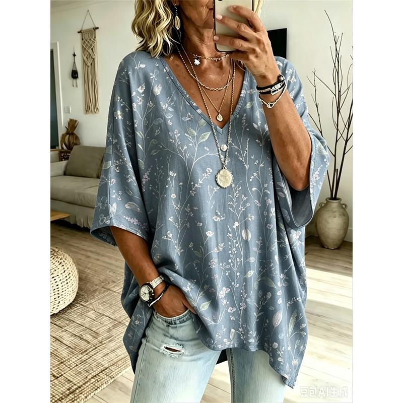 Plus-Size Women's V-Neck Batwing Sleeve T-Shirt Bohemian Ethnic Print Loose Top Summer Comfortable Breathable Daily Commute Casual Slimming Style